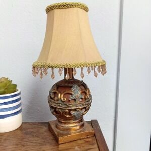 Vintage Decorative Table Lamp Beaded Fringe Shade Gold Scroll Accent Light